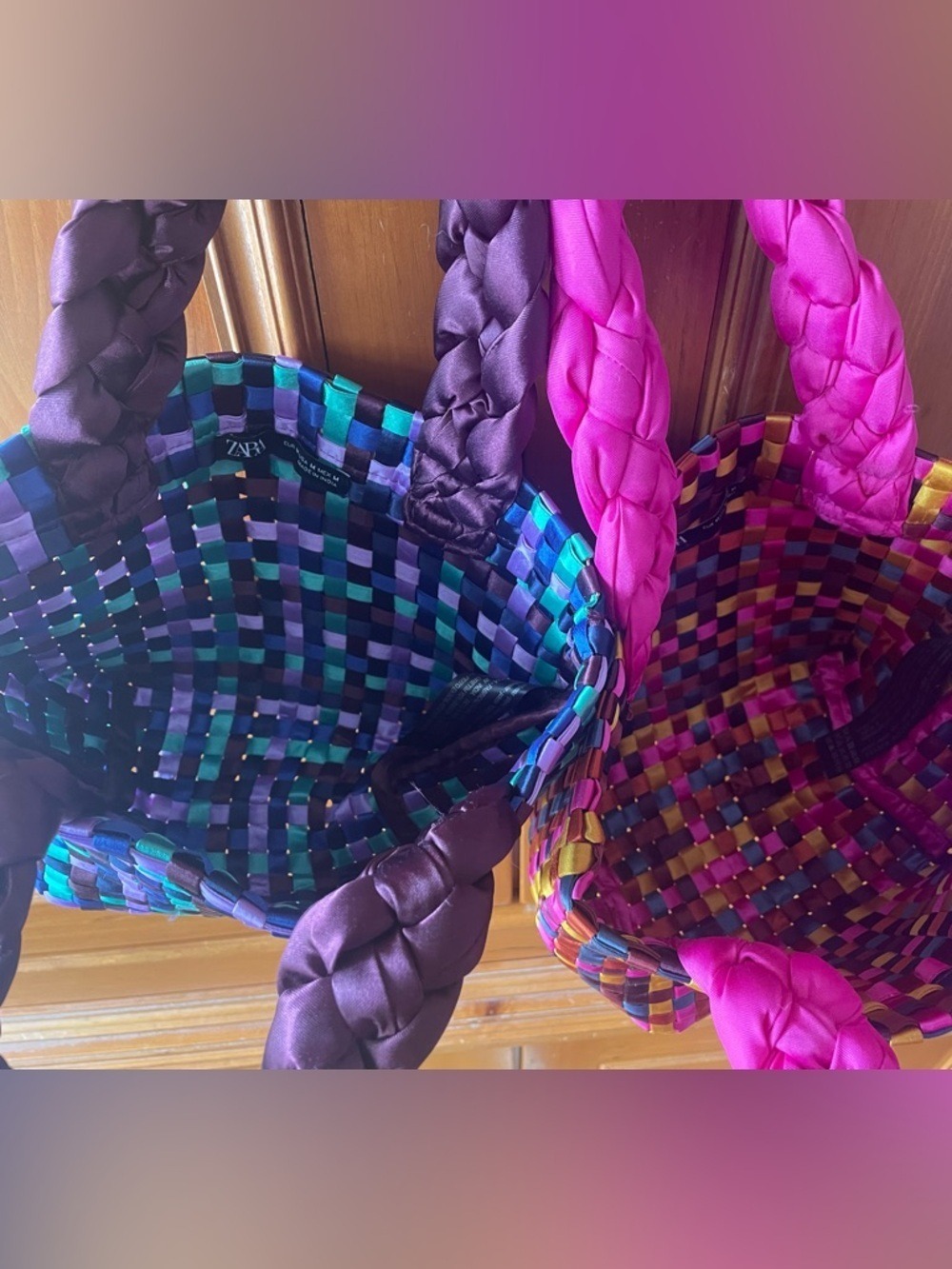 2 Handwoven Satin-Like Mini Tote Bags - Lavender/Blue/Green & Pink/Yellow/Orange - Picture 5 of 12